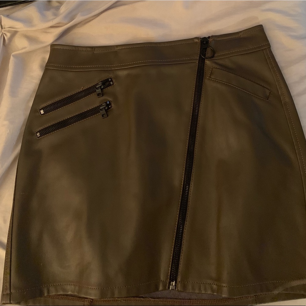 Army green leather mini skirt